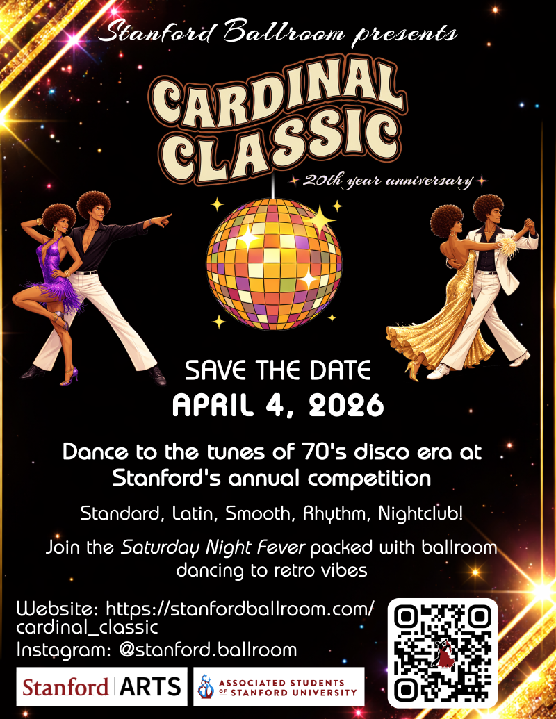 Cardinal Classic 2026 Save the Date poster. April 4, 2026. Two couples in 70's attire dancing next to a disco ball.