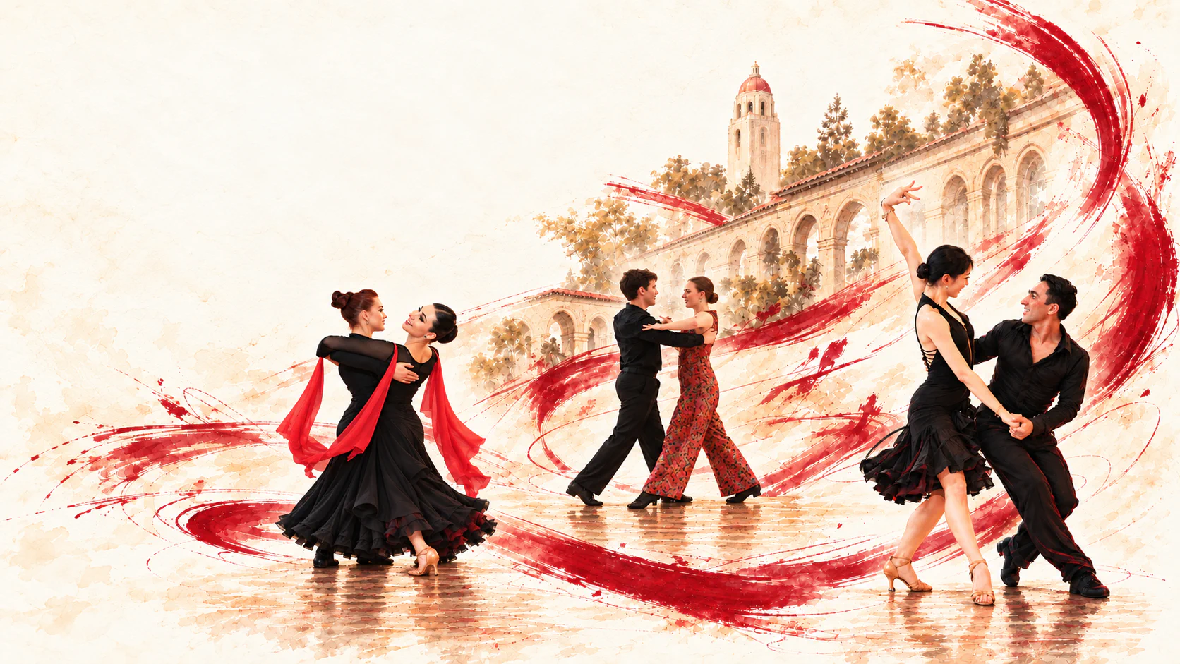 Three couples dancing in front of Stanford's sandstone arcades and Hoover Tower, surrounded by sweeping cardinal-red brushstrokes.