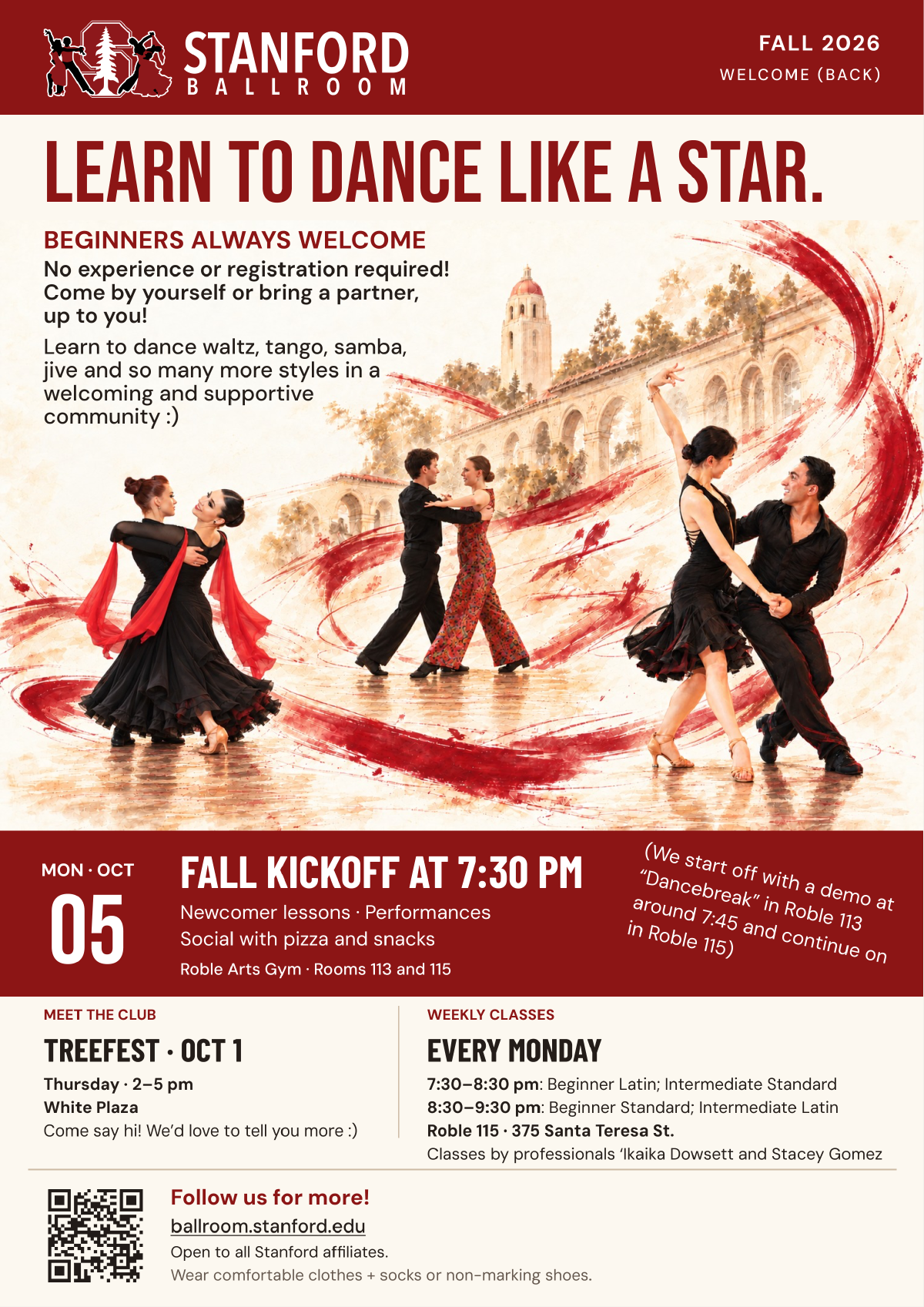 Stanford Ballroom Fall 2026 poster: fall kickoff October 5 at 7:30 pm in Roble 113 and 115, TREEFEST October 1, and weekly Monday classes.